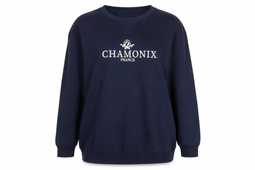 Front view of Dunnes women’s navy chamonix france pullover sweatshirt large