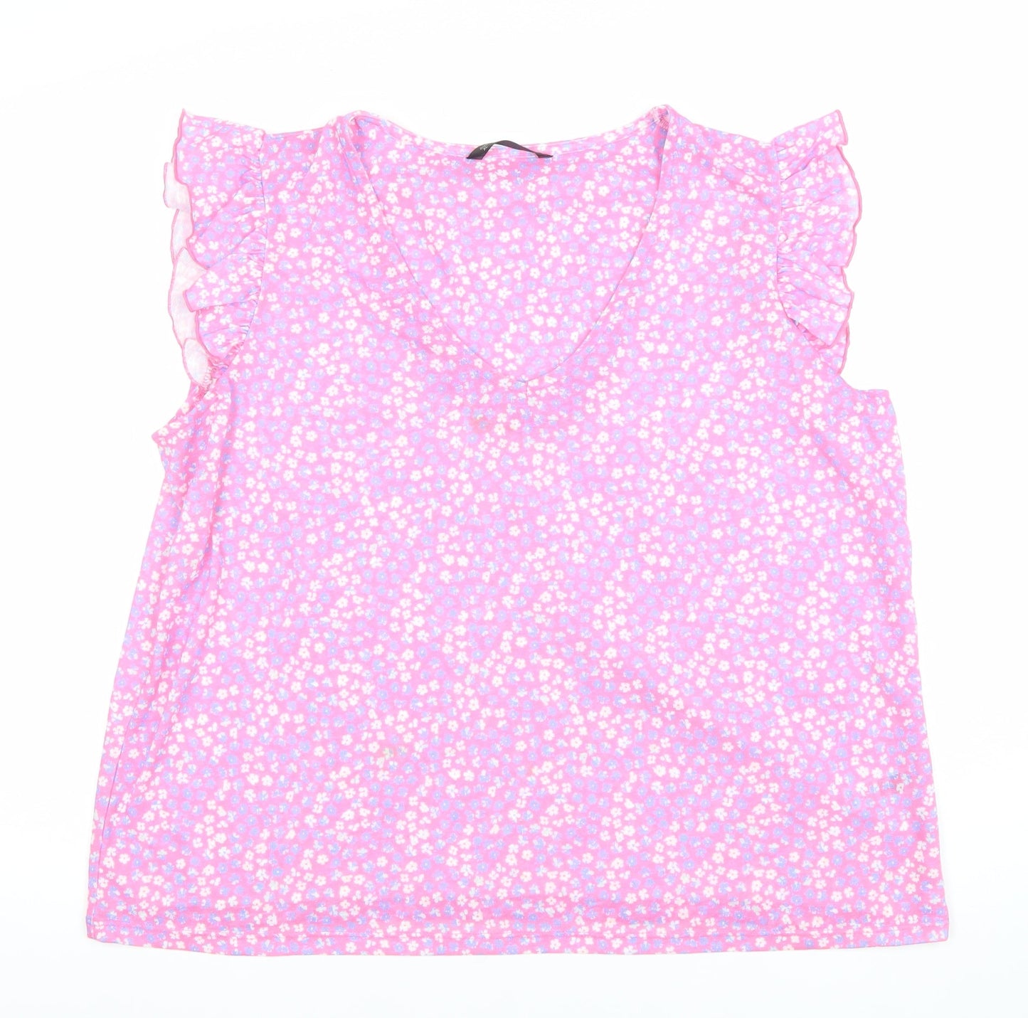Dunnes Stores Women's Pink Floral Ruffle Sleeveless V-Neck Blouse XL