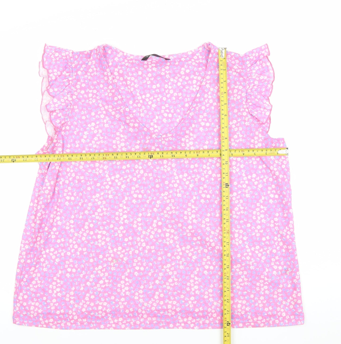 Dunnes Stores Women's Pink Floral Ruffle Sleeveless V-Neck Blouse XL