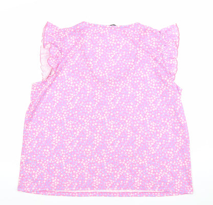 Dunnes Stores Women's Pink Floral Ruffle Sleeveless V-Neck Blouse XL