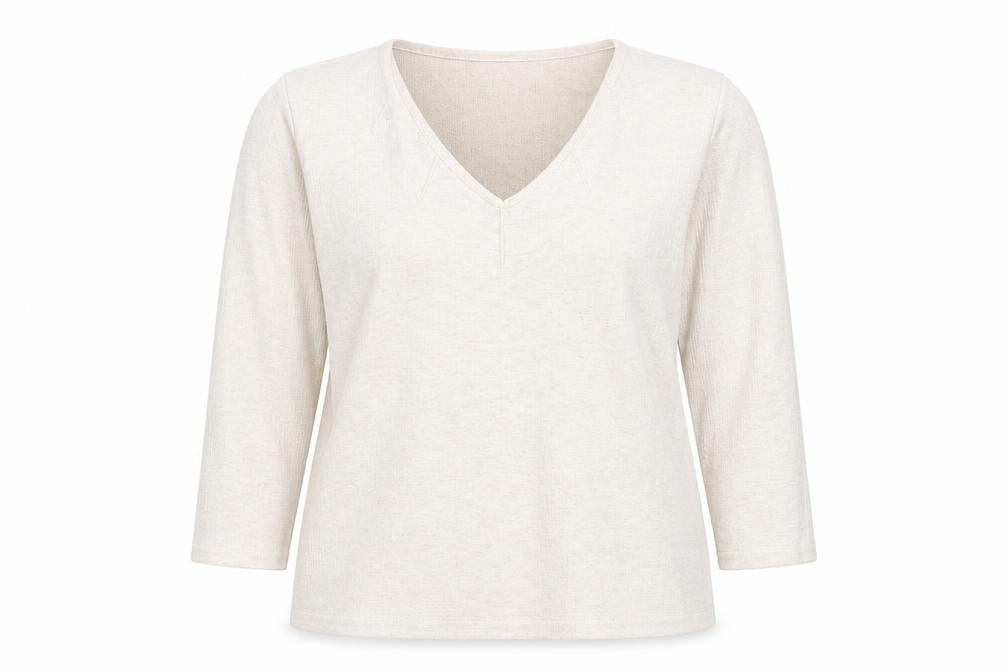 Front view of Gerard Women's Ivory V-Neck 3/4 Sleeve Stretch Top, size 16