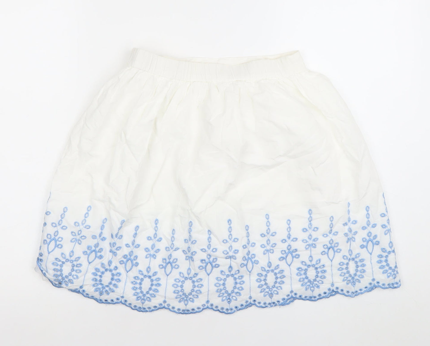 Y.D. Girls White & Blue Embroidered Cotton A-Line Skirt 10-11 Years