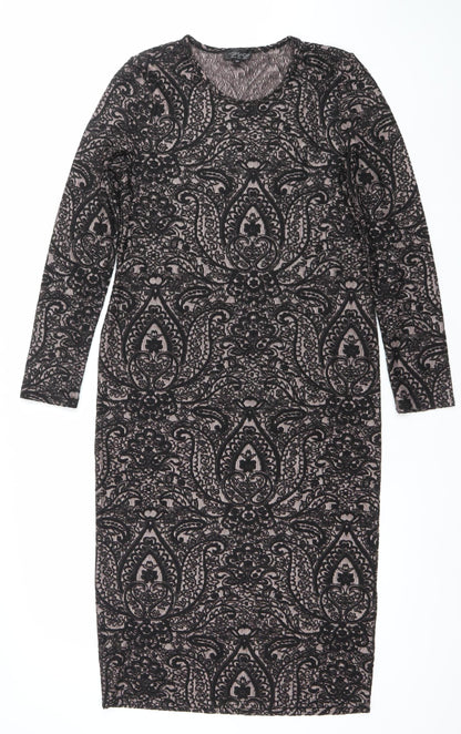 Topshop Women Black Paisley Bodycon Dress Size 16 Long Sleeve
