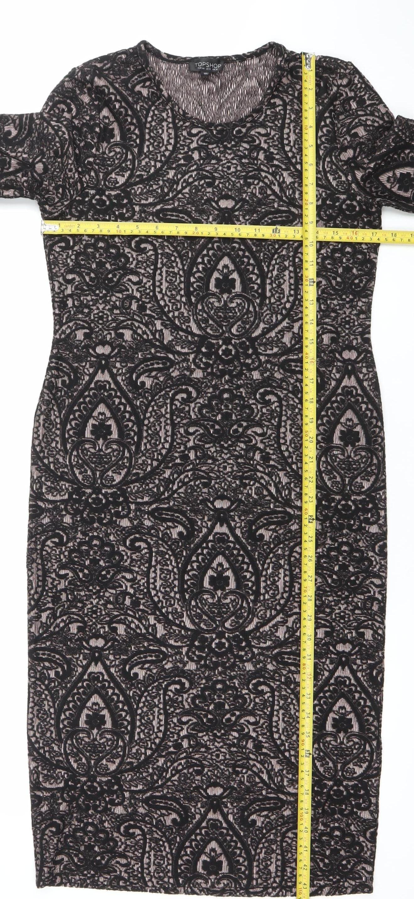 Topshop Women Black Paisley Bodycon Dress Size 16 Long Sleeve