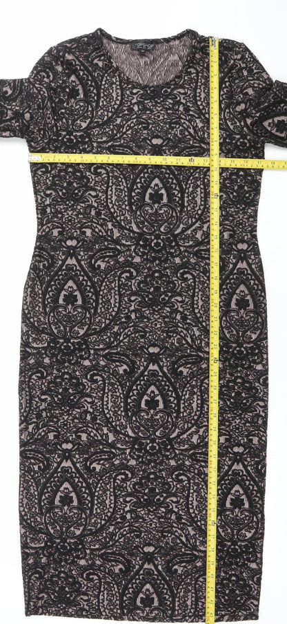 Topshop Women Black Paisley Bodycon Dress Size 16 Long Sleeve
