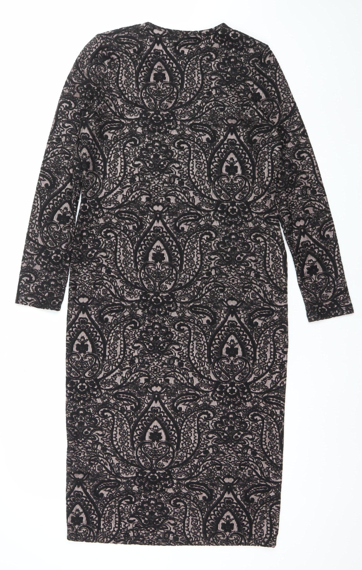 Topshop Women Black Paisley Bodycon Dress Size 16 Long Sleeve