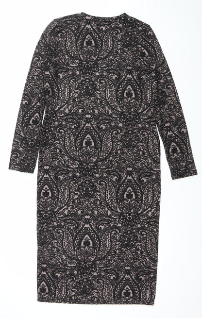 Topshop Women Black Paisley Bodycon Dress Size 16 Long Sleeve