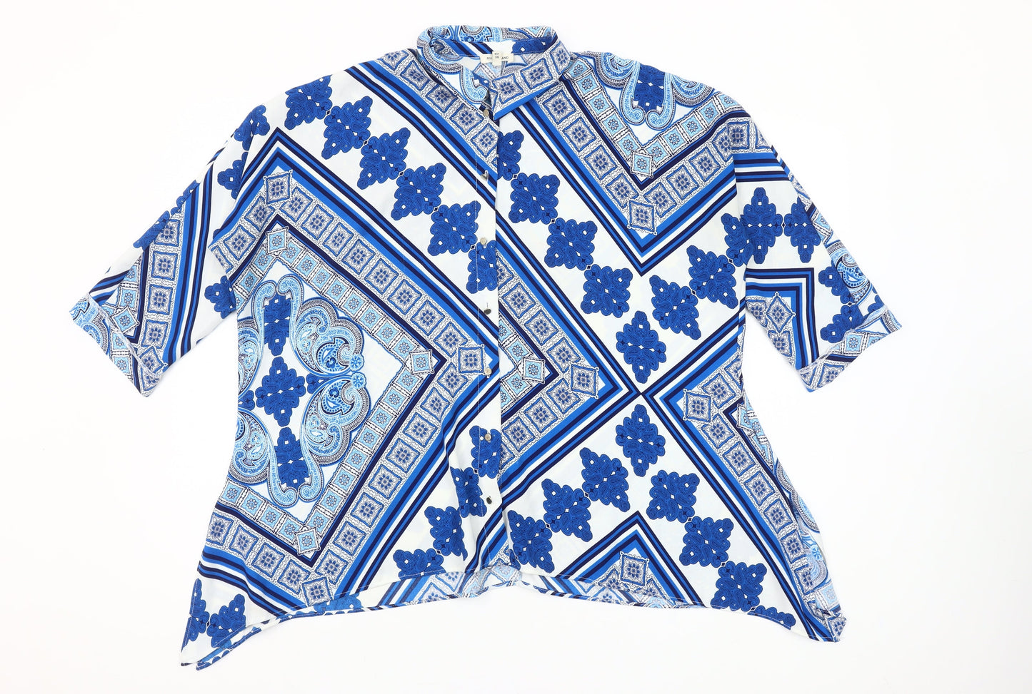 River Island Women Blue Geometric Tunic Button-Up Shirt Size 10