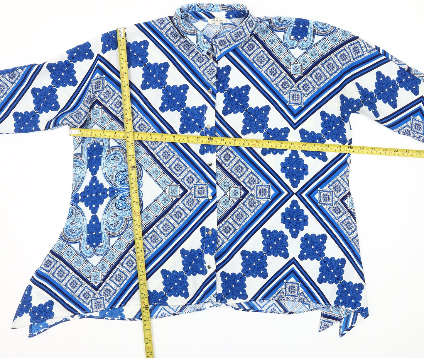 River Island Women Blue Geometric Tunic Button-Up Shirt Size 10