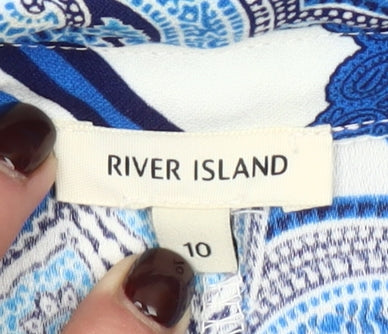 River Island Women Blue Geometric Tunic Button-Up Shirt Size 10