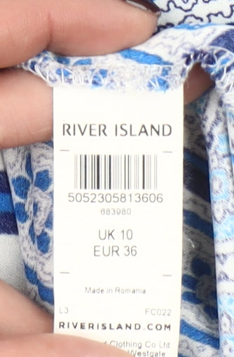 River Island Women Blue Geometric Tunic Button-Up Shirt Size 10