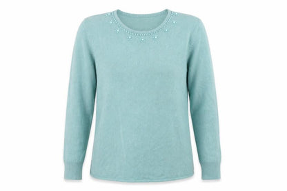Dixie Women’s Blue Beaded Round Neck Wool Blend Jumper Size L