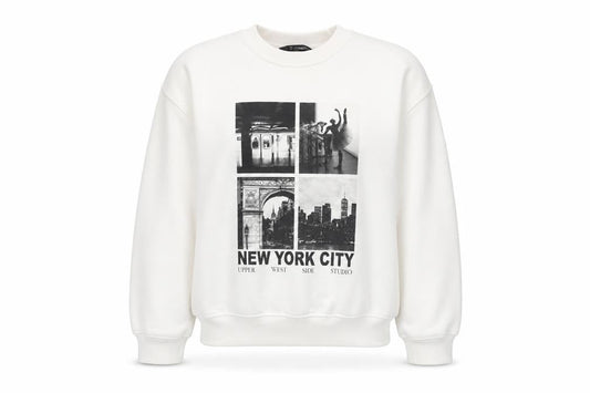 Front view of Dunnes Women Cream New York City Graphic Pullover Sweatshirt M