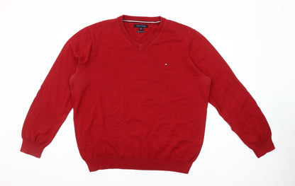 Tommy Hilfiger Men's Red V-Neck Cotton Jumper XL