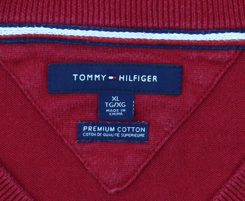 Tommy Hilfiger Men's Red V-Neck Cotton Jumper XL