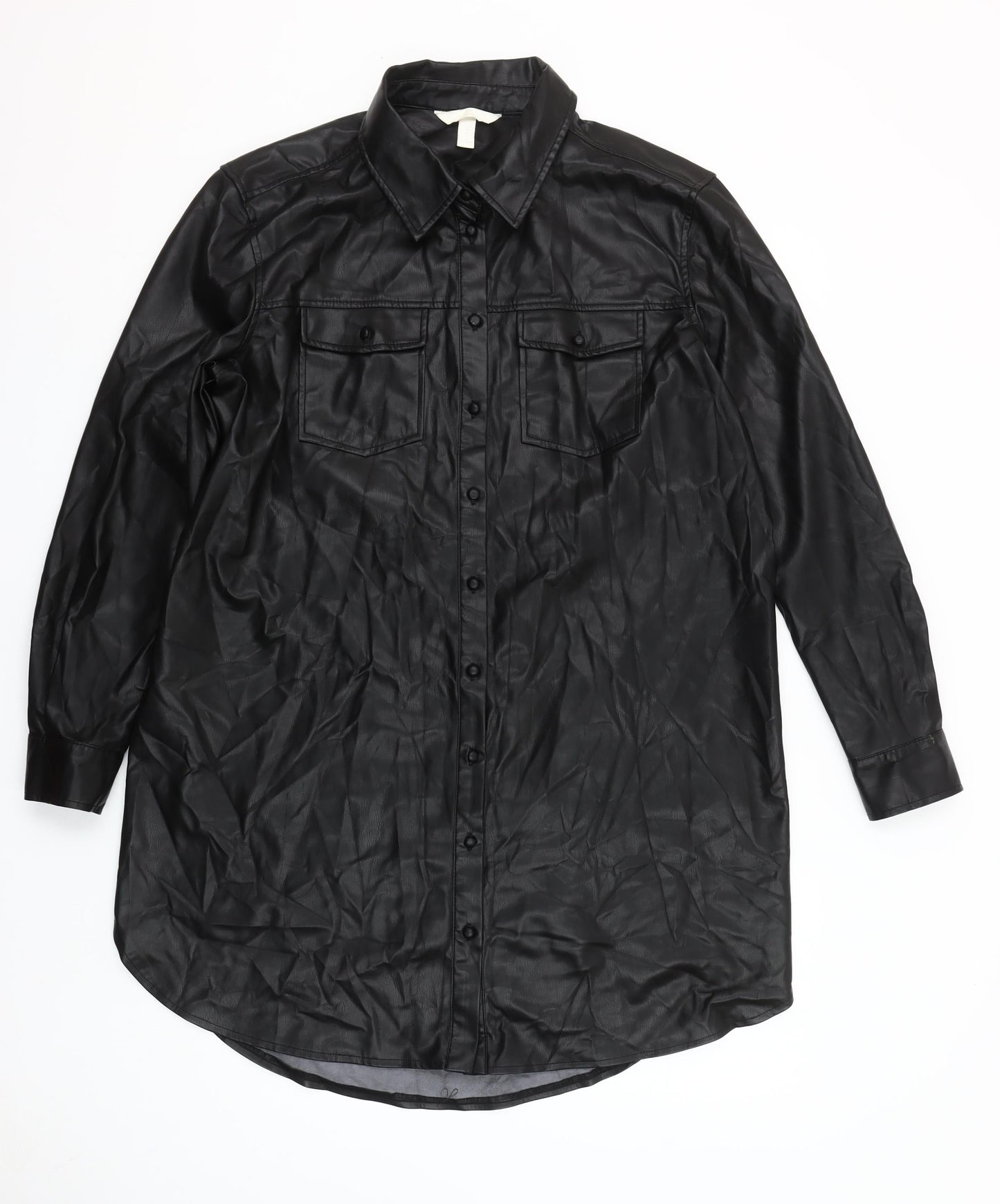 H&M Mama Women's Black Faux Leather Long Sleeve Button-Up Shirt M