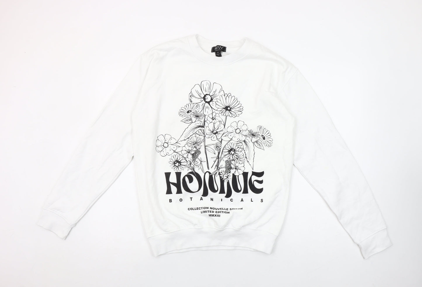 boohooMAN Men's White Botanical Graphic Print Pullover Sweatshirt XS