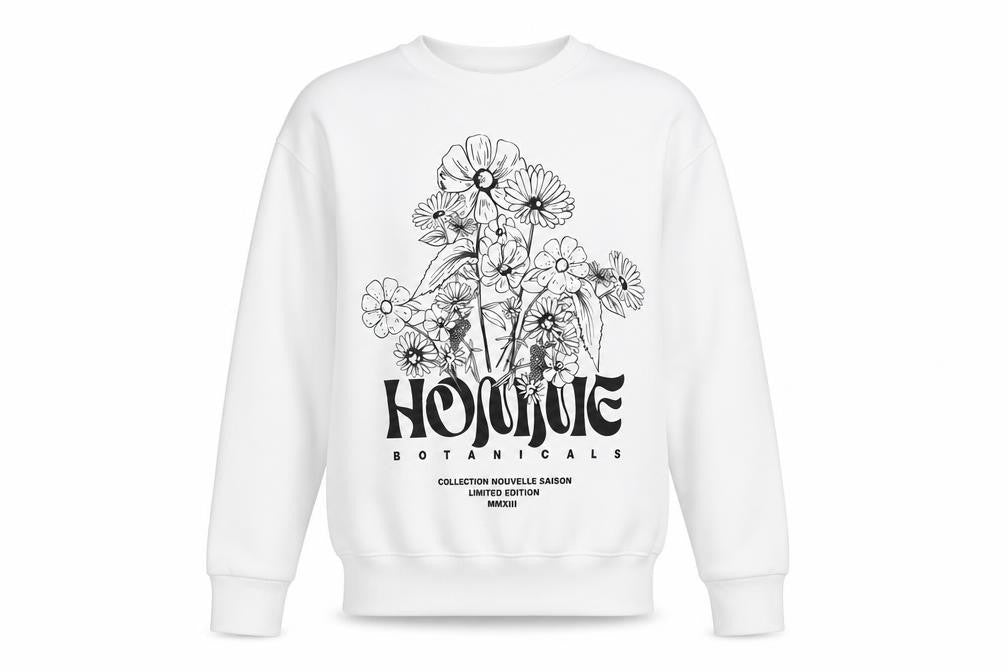 Front view of boohooMAN Men's White Botanical Graphic Print Pullover Sweatshirt XS