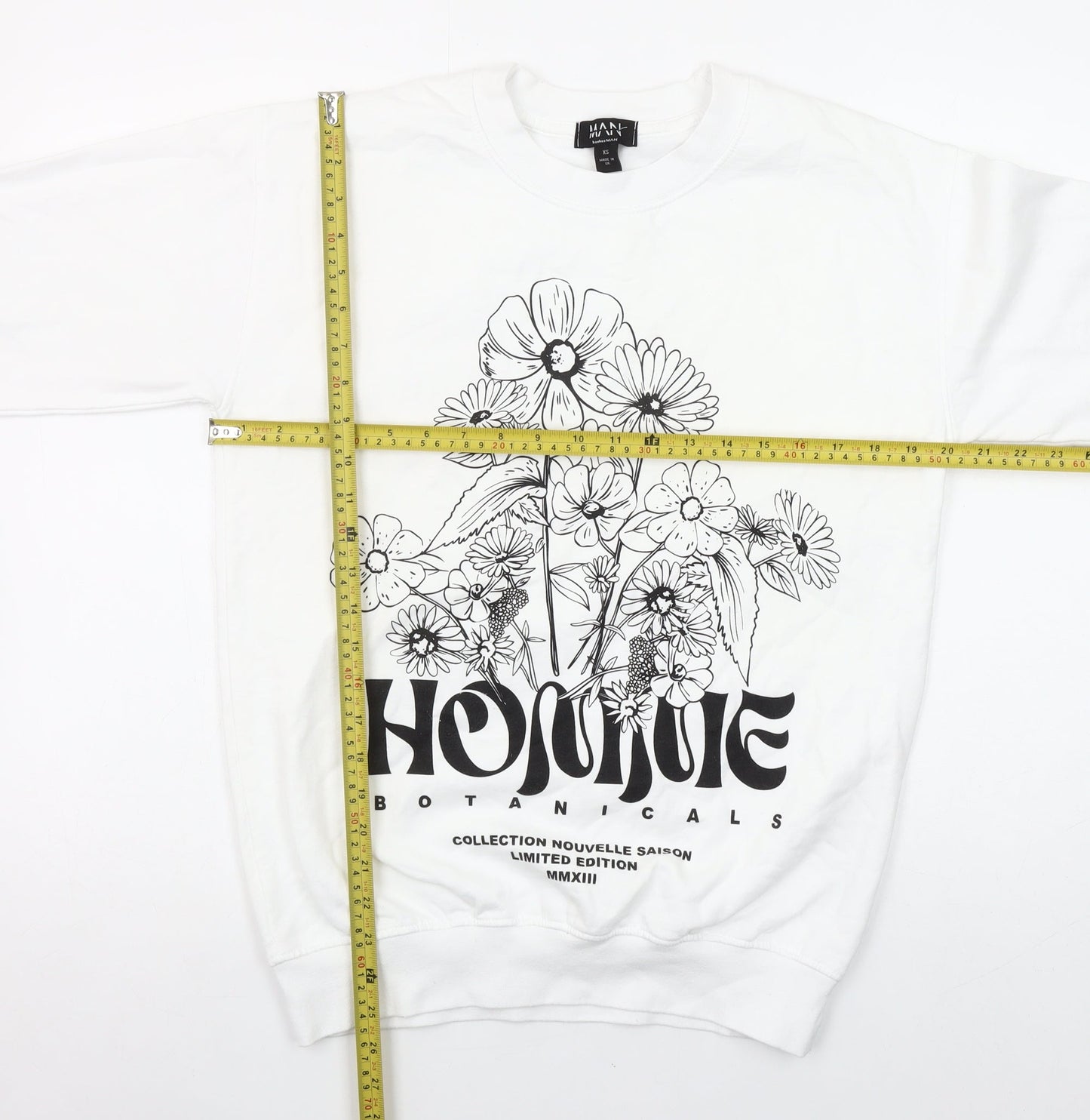 boohooMAN Men's White Botanical Graphic Print Pullover Sweatshirt XS