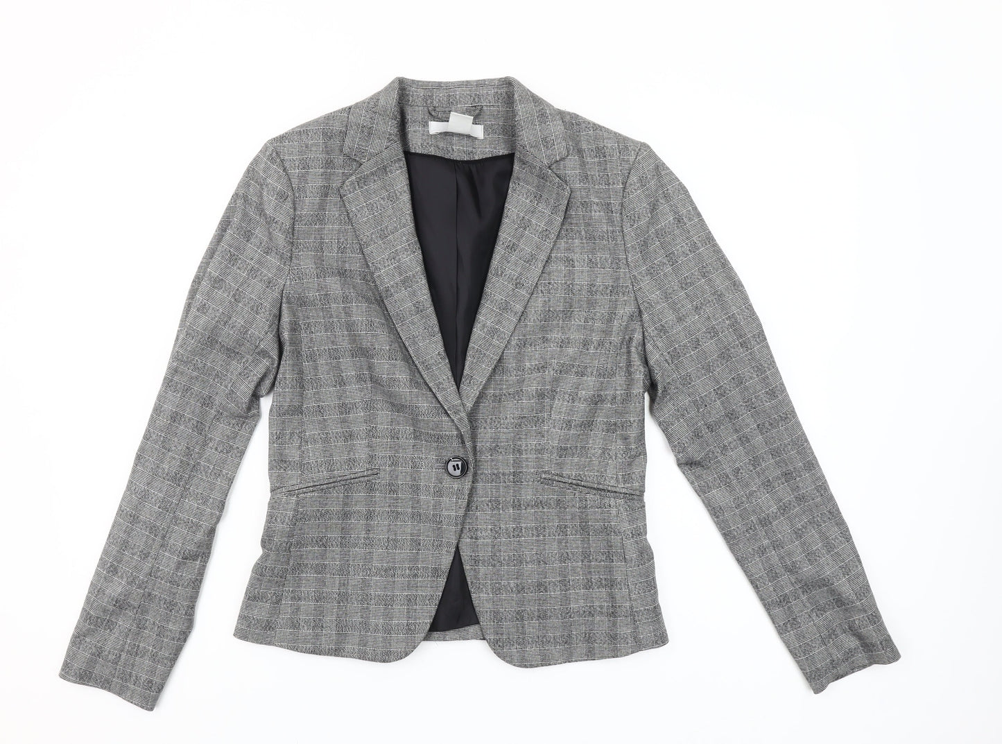 H&M Womens Grey Check Single-Breasted Blazer Size 10 Regular Fit