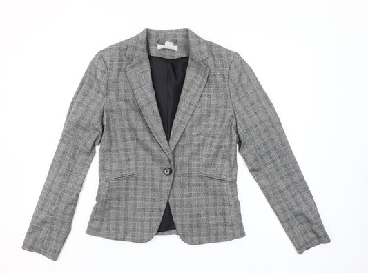 H&M Womens Grey Check Single-Breasted Blazer Size 10 Regular Fit