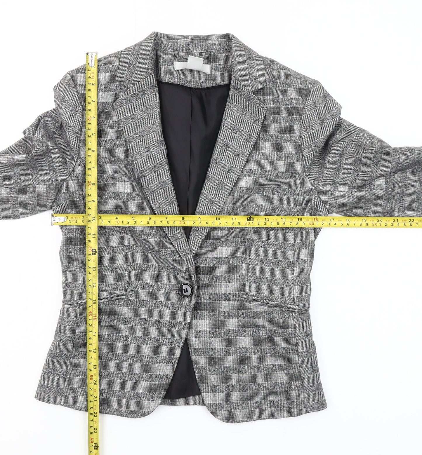 H&M Womens Grey Check Single-Breasted Blazer Size 10 Regular Fit