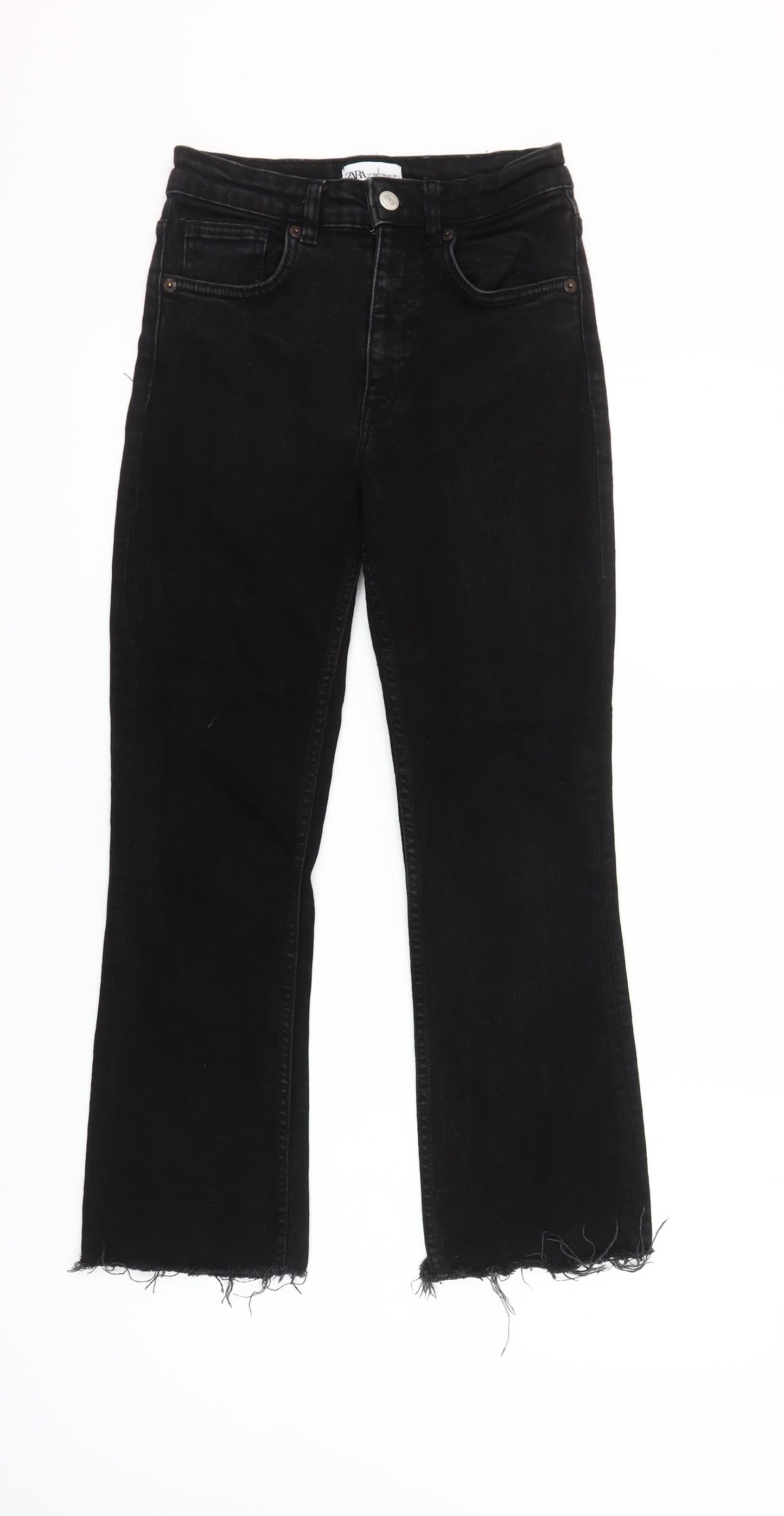 Zara Women Black Cropped Slim Jeans Size 8 High Rise Frayed Hem