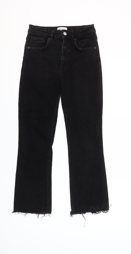 Zara Women Black Cropped Slim Jeans Size 8 High Rise Frayed Hem