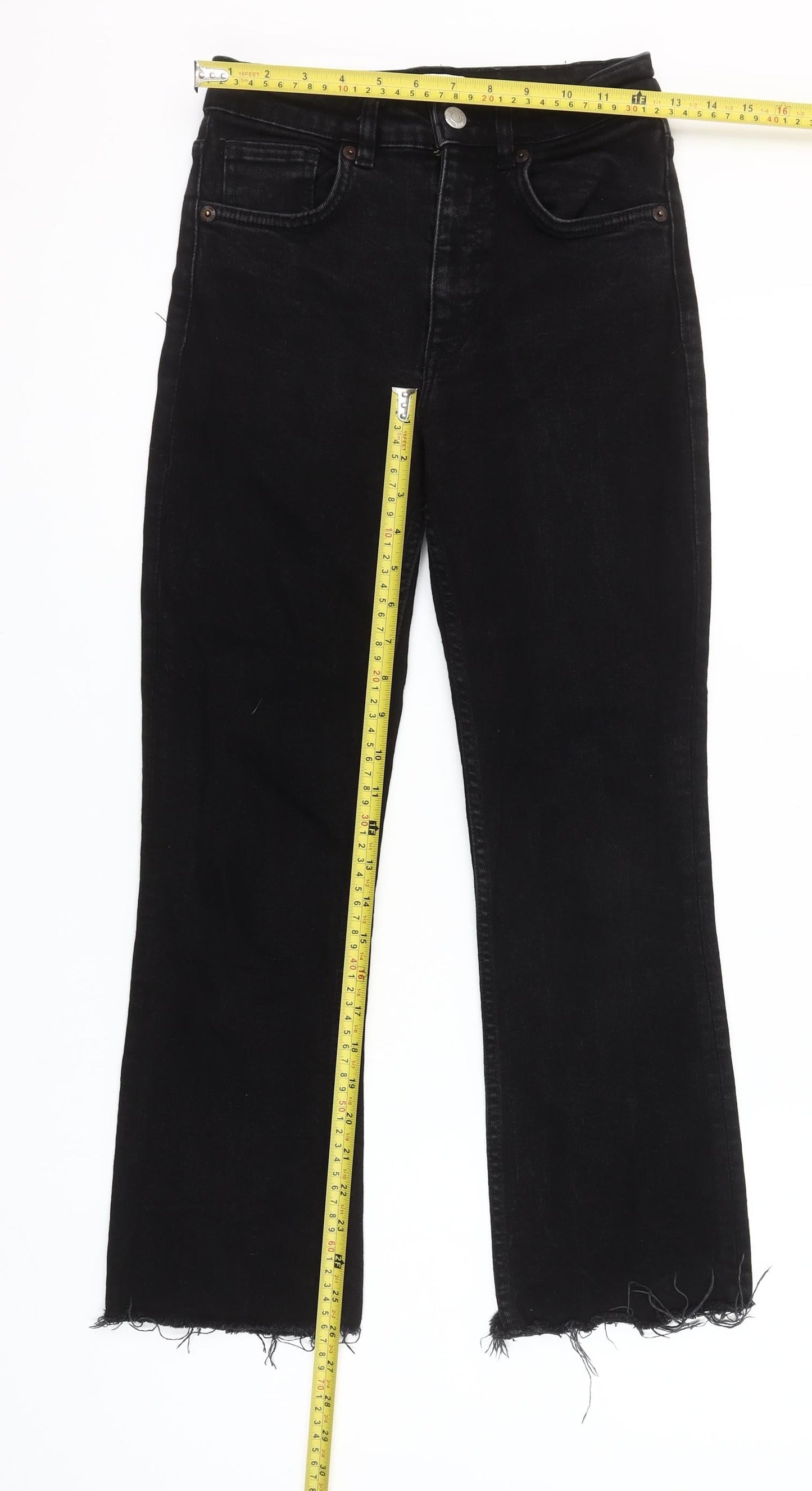 Zara Women Black Cropped Slim Jeans Size 8 High Rise Frayed Hem
