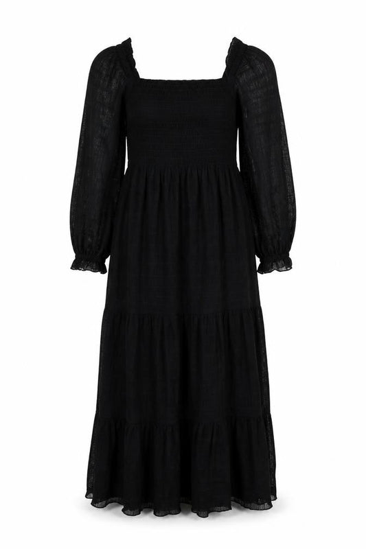 Max Studio Women's Black Midi Smocked Puff Sleeve A-Line Dress Size M