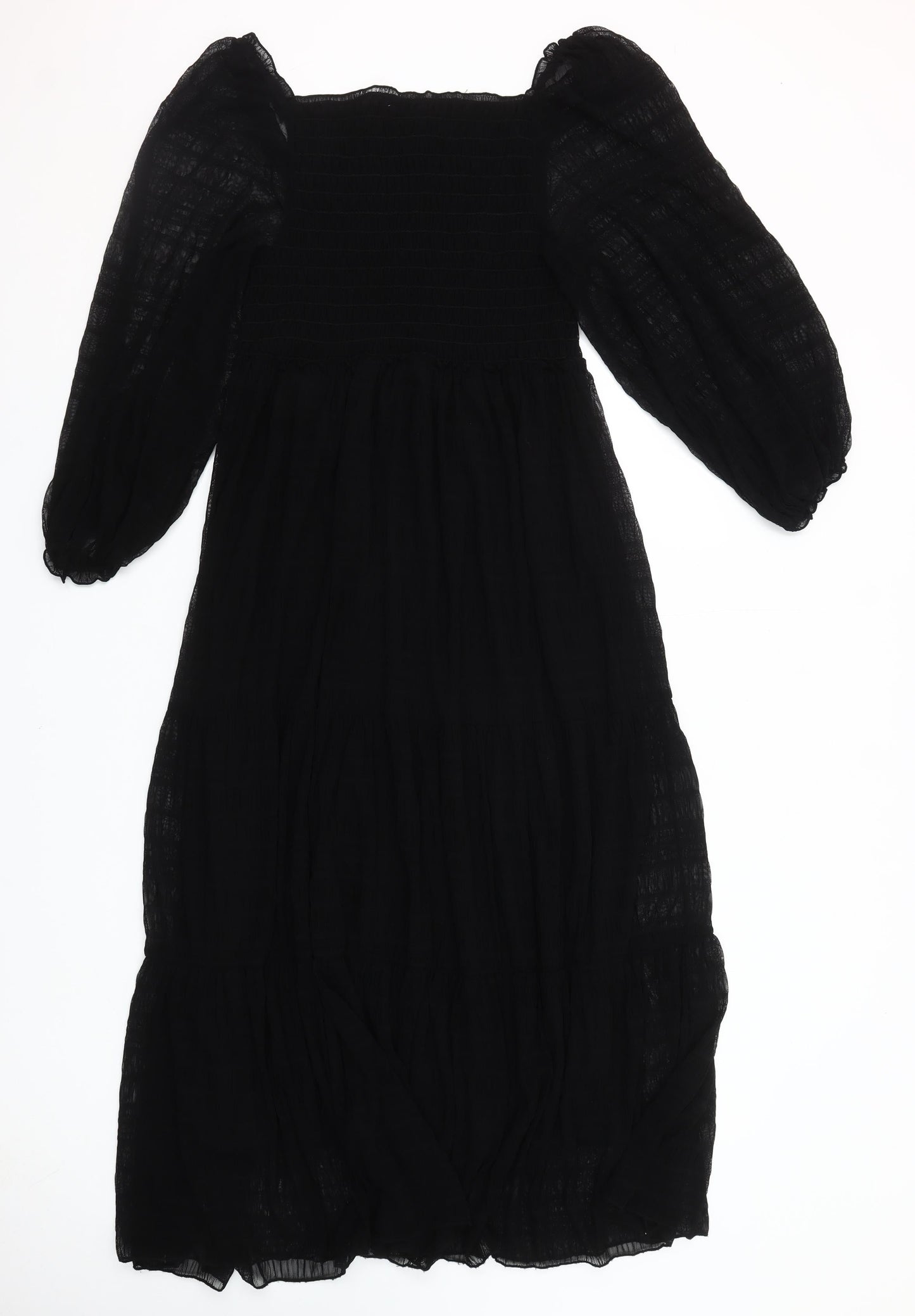 Max Studio Women's Black Midi Smocked Puff Sleeve A-Line Dress Size M