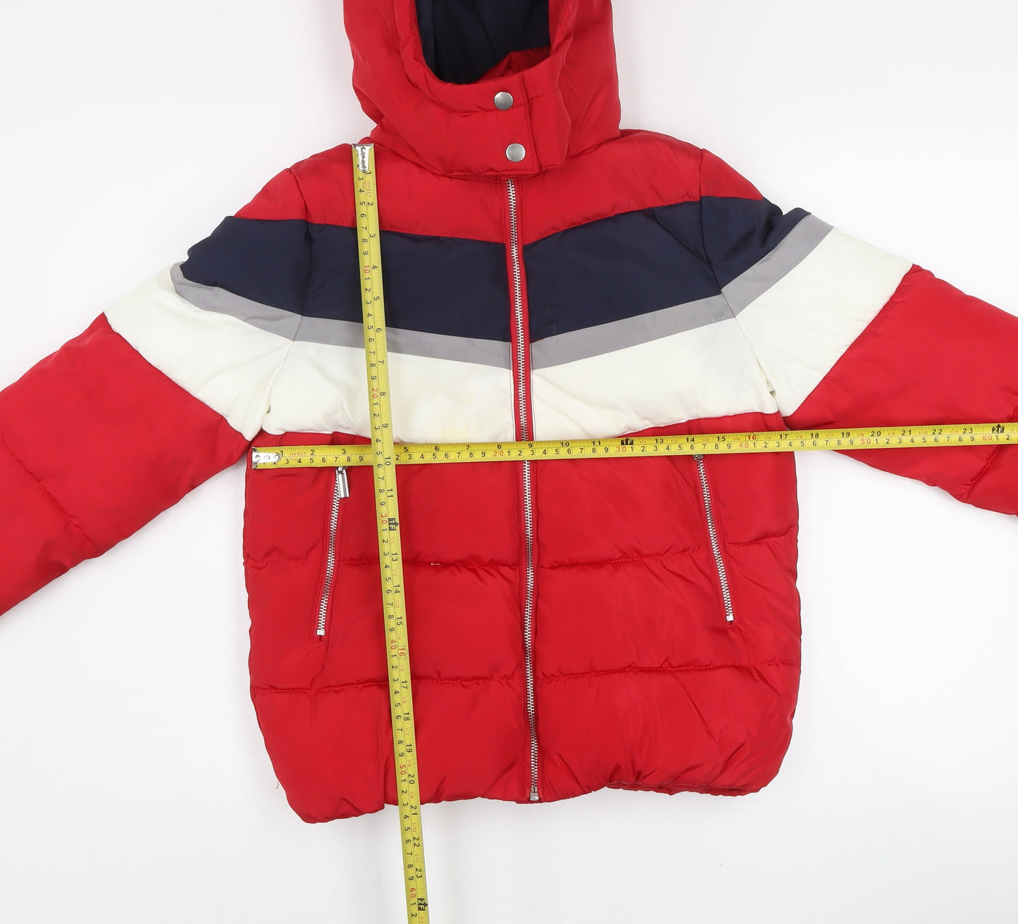 New Look Girls Red Colourblock Puffer Jacket Hooded Winter Coat Size 6 Years