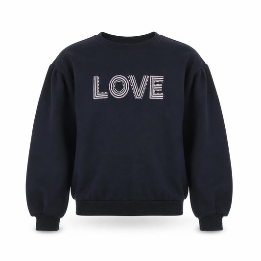 Front view of I Love Girlswear Navy LOVE Jumper girls’ age 12 cotton blend crew neck