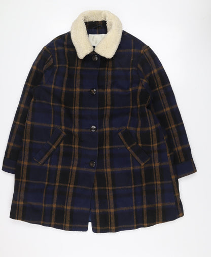 Cooperative Women's Blue Check Wool Pea Coat Lined Mid-Length L