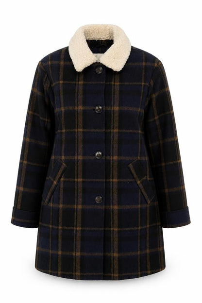 Front view of Cooperative Women's Blue Check Wool Pea Coat Lined Mid-Length L