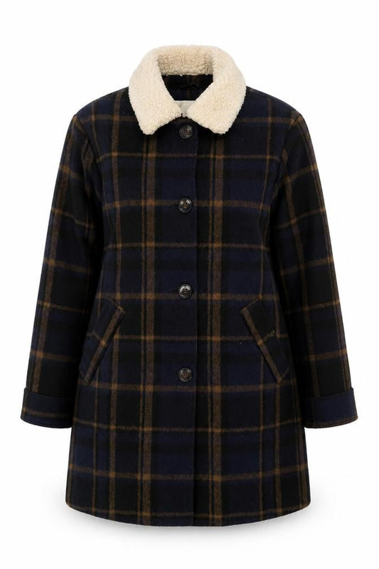 Cooperative Women's Blue Check Wool Pea Coat Lined Mid-Length L