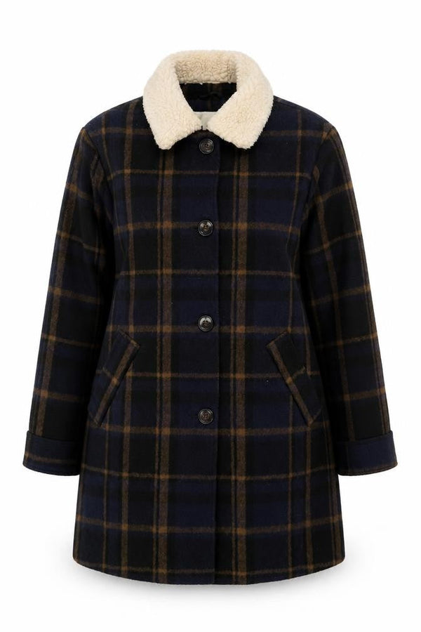 Front view of Cooperative Women's Blue Check Wool Pea Coat Lined Mid-Length L