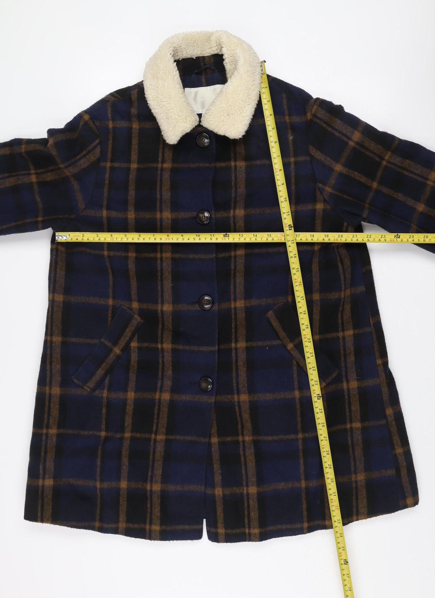 Cooperative Women's Blue Check Wool Pea Coat Lined Mid-Length L