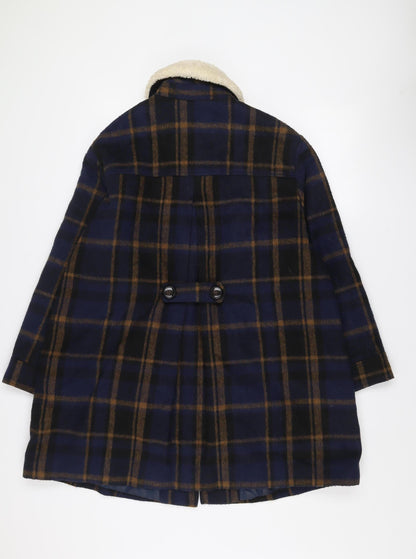 Cooperative Women's Blue Check Wool Pea Coat Lined Mid-Length L