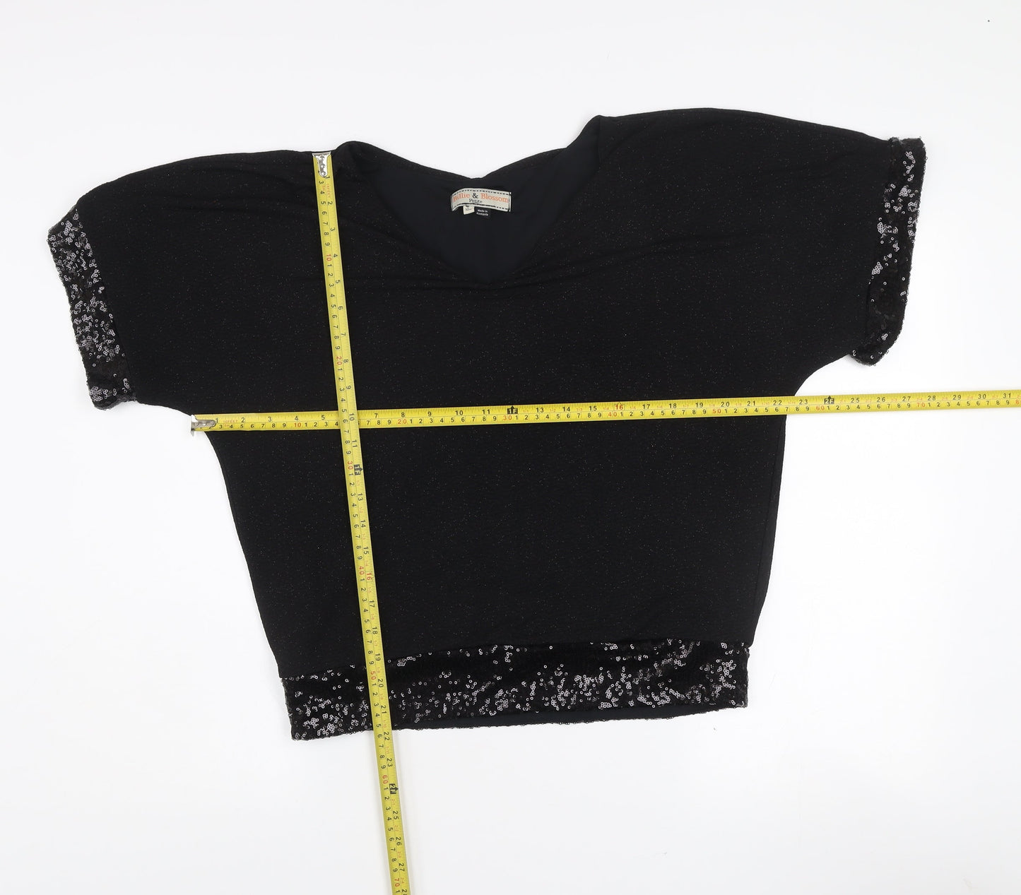 Billie & Blossom Petite Women's Black Sequin V-Neck Blouse Size 10