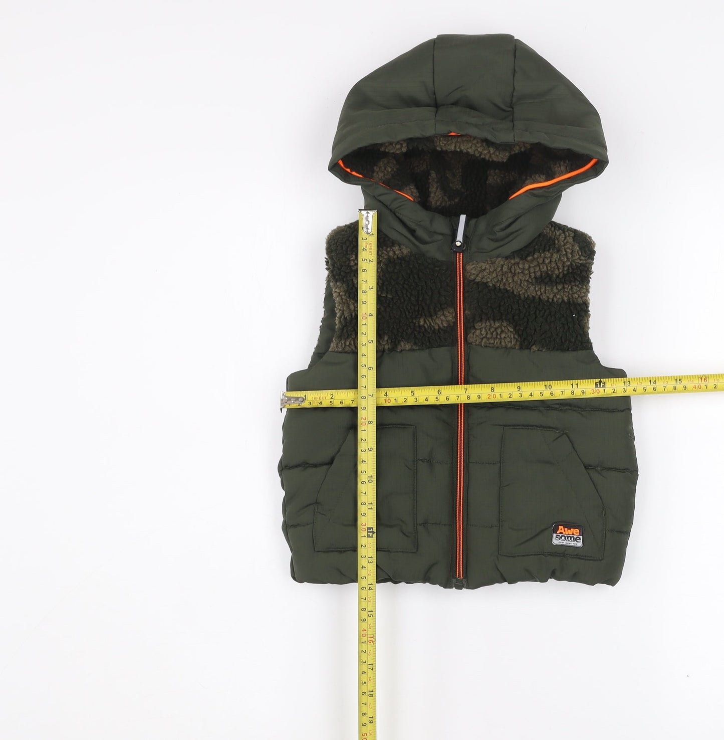 F&F Boys Green Camouflage Hooded Puffer Gilet 2-3 Years Polyester