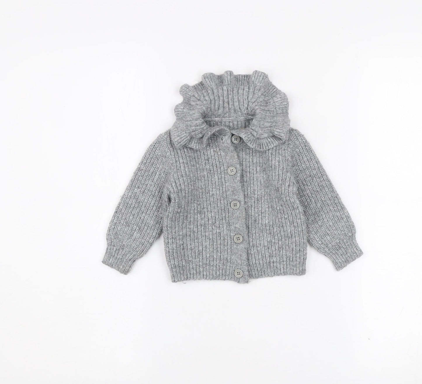 Dunnes Stores Girls Grey Button Cardigan 9-12 Months Ruffle Neck Knit