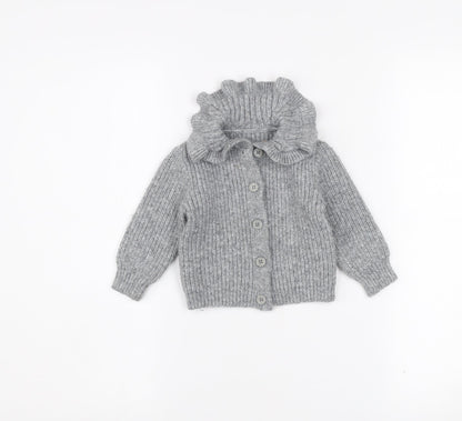 Dunnes Stores Girls Grey Button Cardigan 9-12 Months Ruffle Neck Knit