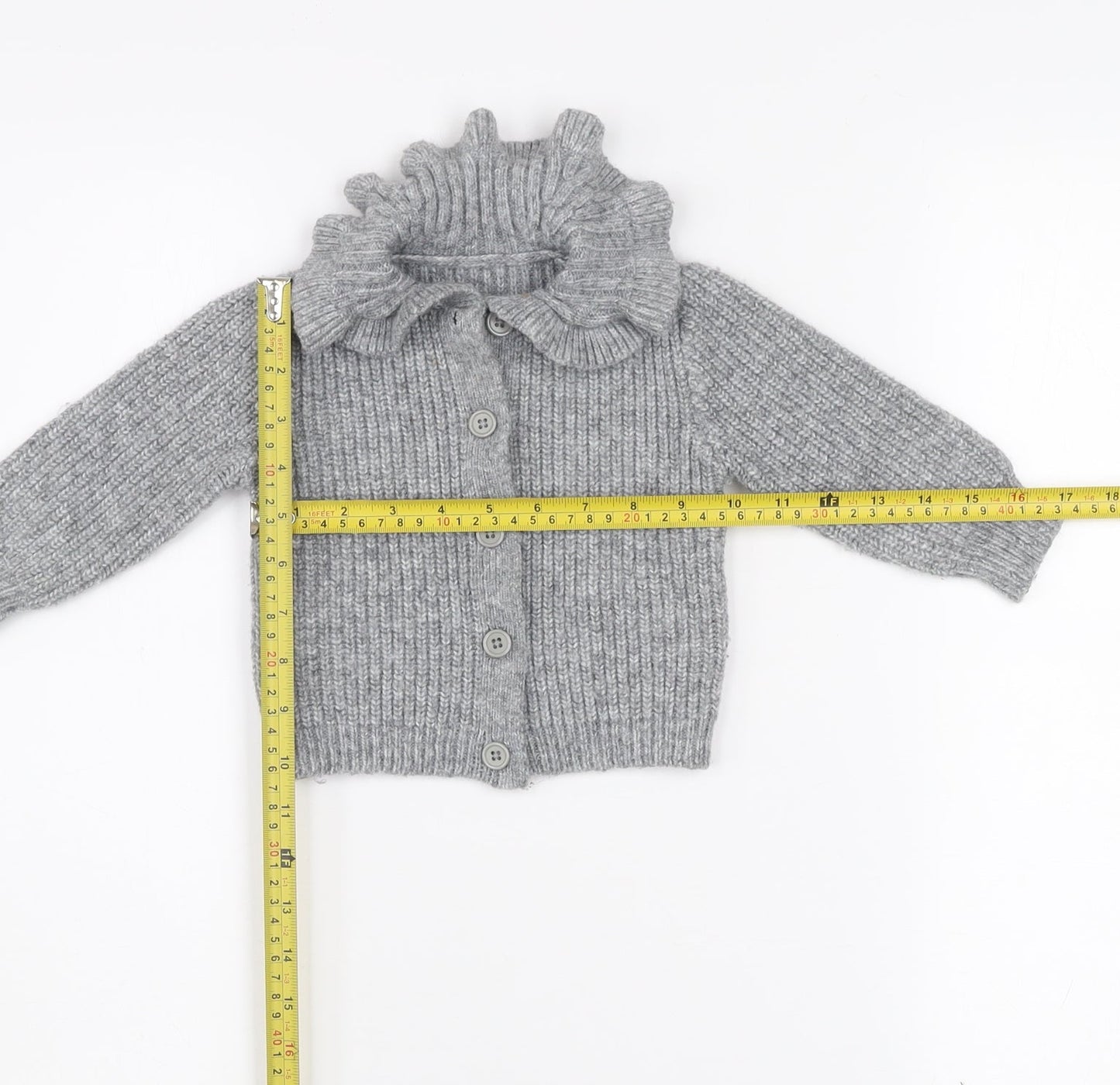 Dunnes Stores Girls Grey Button Cardigan 9-12 Months Ruffle Neck Knit
