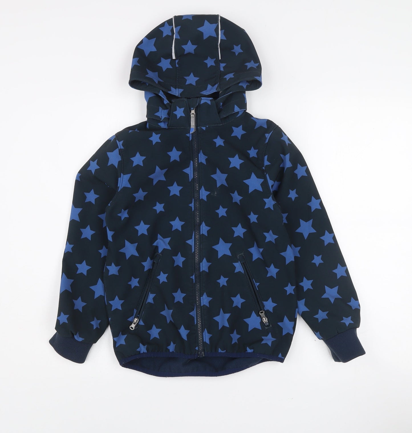 H&M Boys Blue Star Print Soft Shell Hooded Jacket 8-9 Years Waterproof Windproof