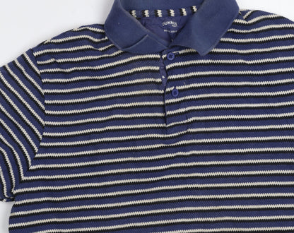 Dunnes Stores Men's Blue Striped Regular Fit Cotton Polo Shirt Medium
