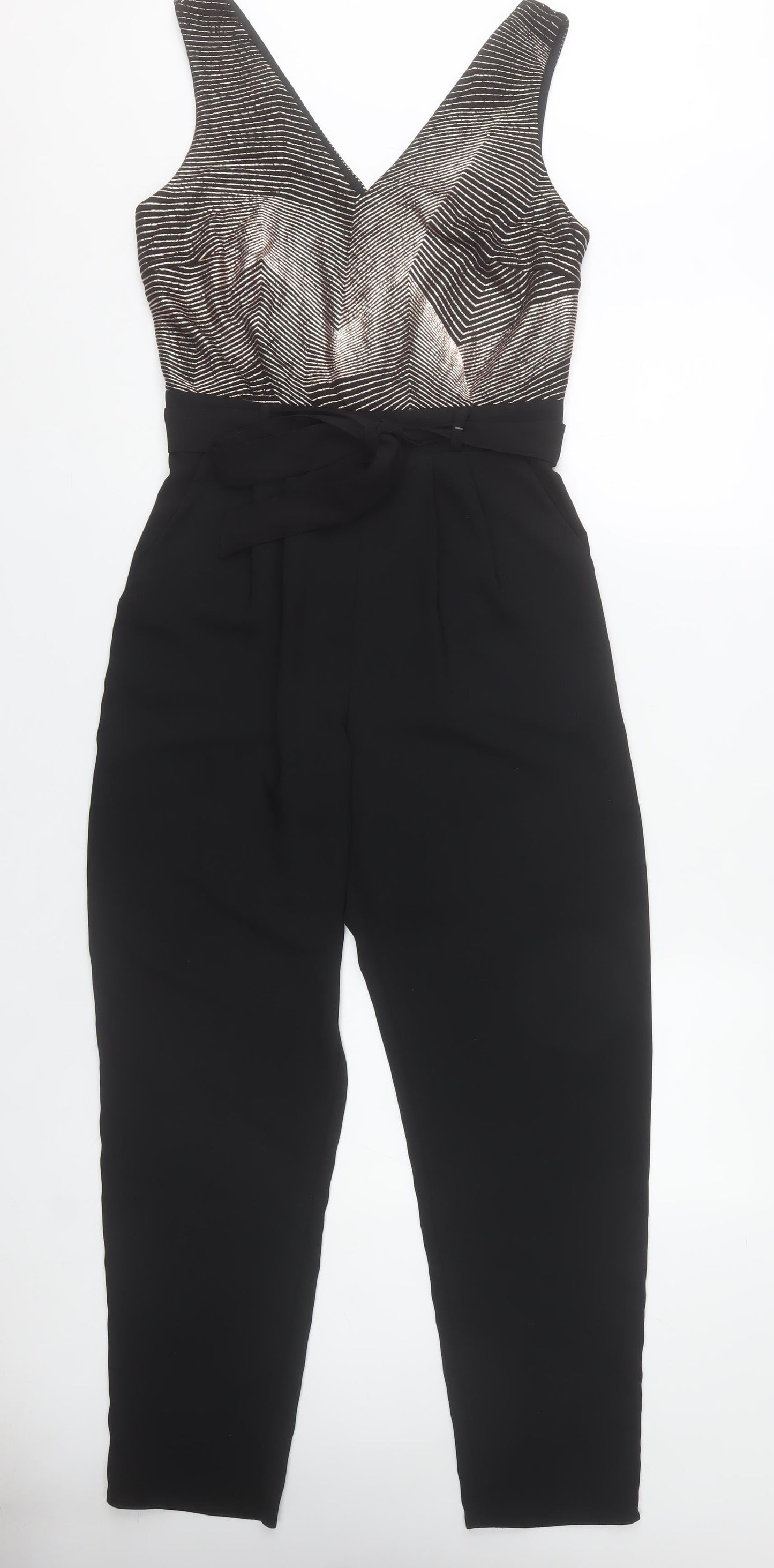 Dunnes Stores Women’s Black & Metallic Jumpsuit Size 10 V-Neck Belted