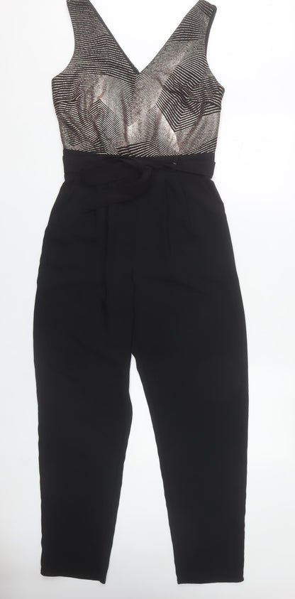 Dunnes Stores Women’s Black & Metallic Jumpsuit Size 10 V-Neck Belted