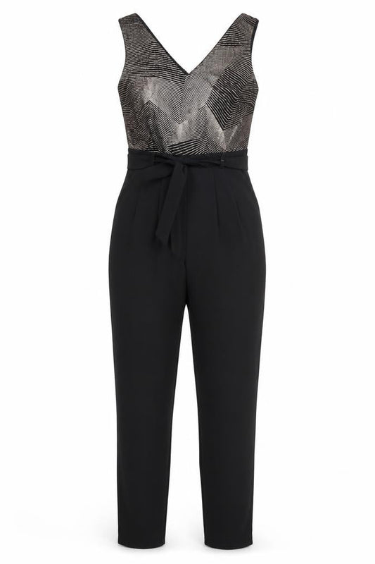 Dunnes Stores Women’s Black & Metallic Jumpsuit Size 10 V-Neck Belted