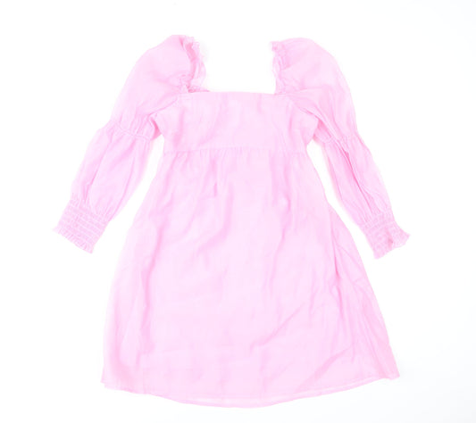 H&M Divided Women’s Pink A-Line Puff Sleeve Bow Back Dress Size 10
